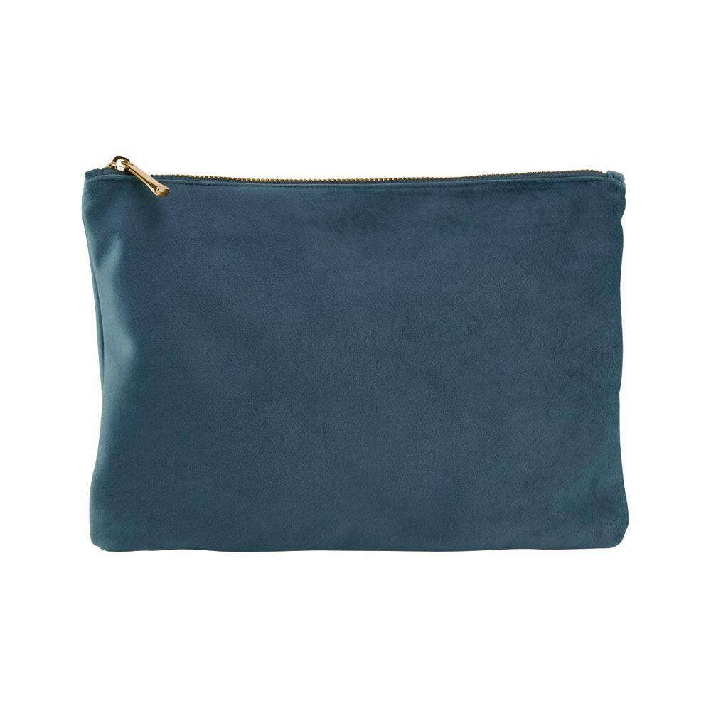 A Bagbase BG715 pouch, featuring a teal color with a gold zipper and crafted from soft material, is displayed against a white background.