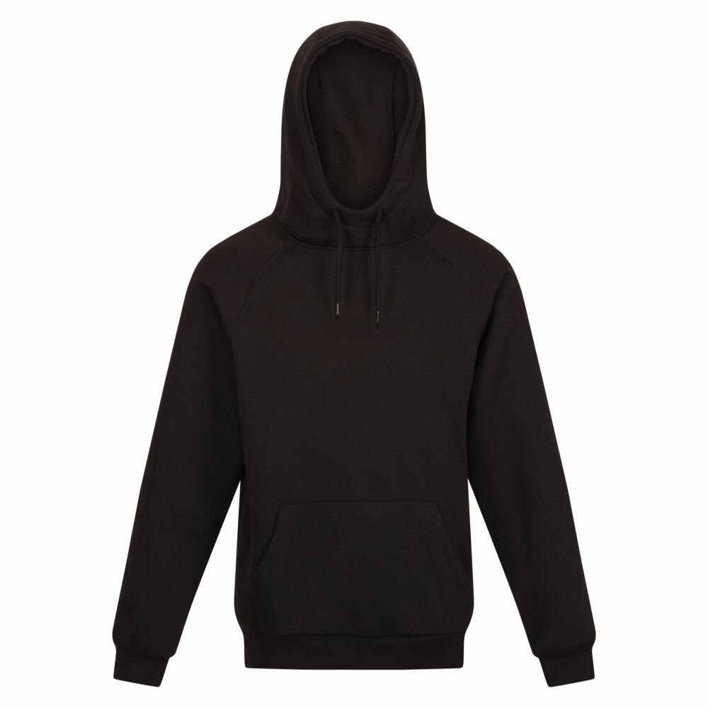 The RG612 by Regatta Professional is a plain black hoodie featuring a front pocket and an adjustable drawstring hood.