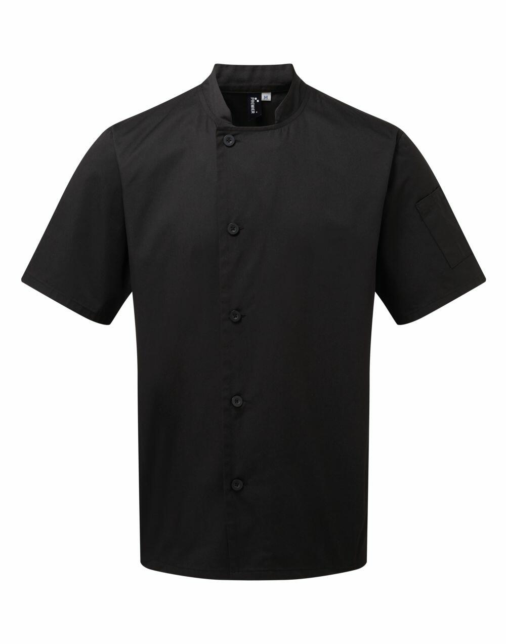 Premier's PR900 is a black short-sleeve chef coat featuring a mandarin collar and button closure.
