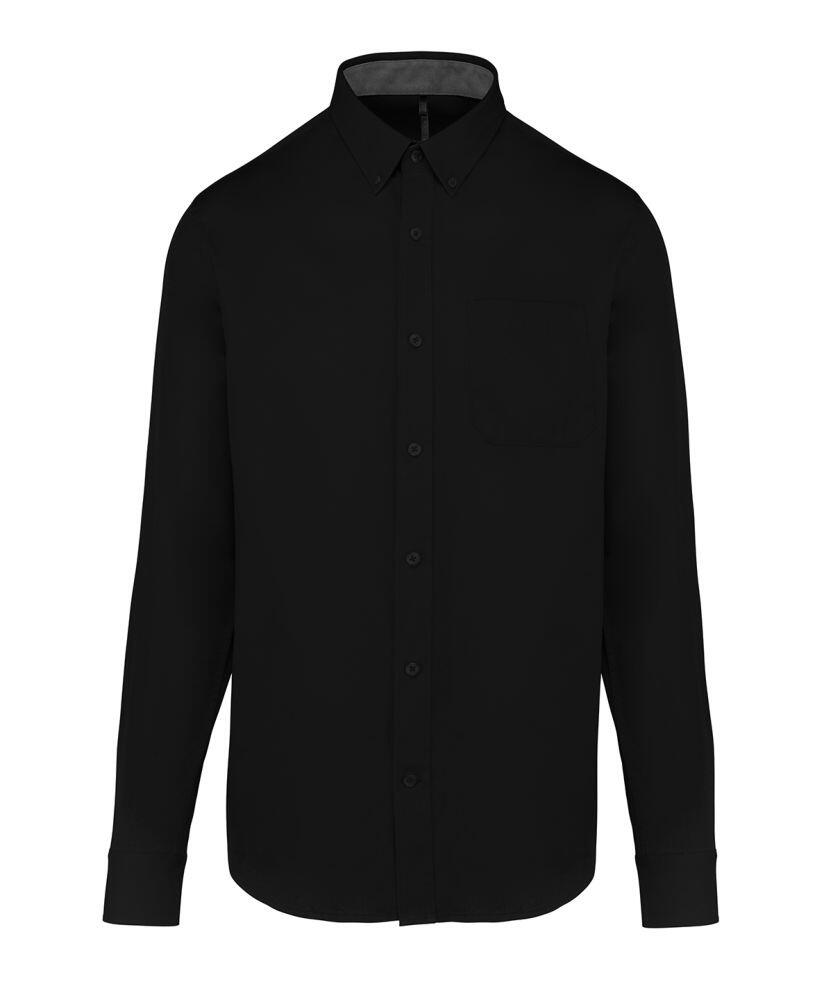 The Kariban KB586 black long-sleeve button-up shirt features a collar and a chest pocket, displayed against a white background.