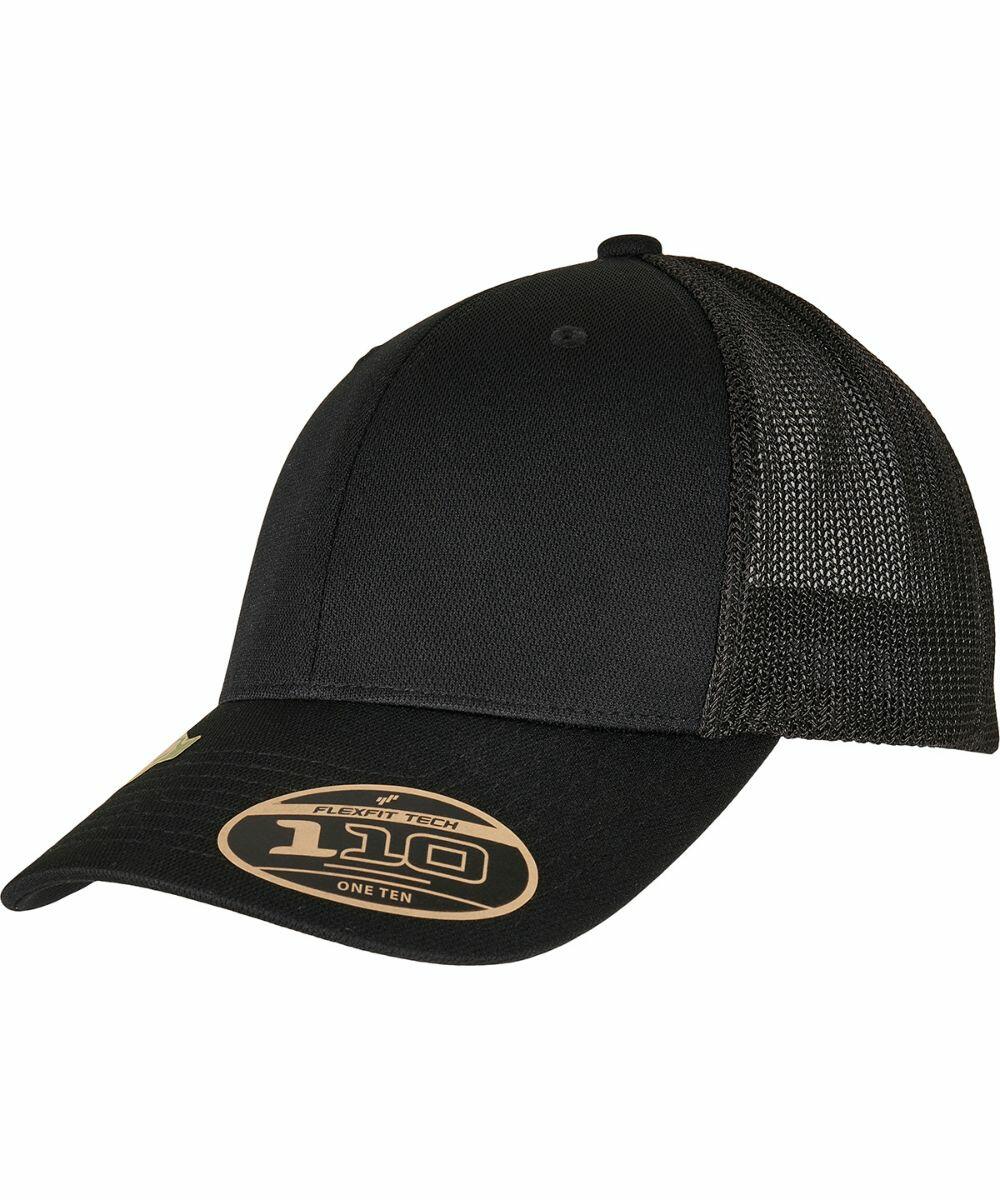 A black mesh-back trucker cap with a curved brim. A Flexfit 110 sticker is on the brim, and the front panels are solid black fabric. The product is YP186 by Flexfit By Yupoong.