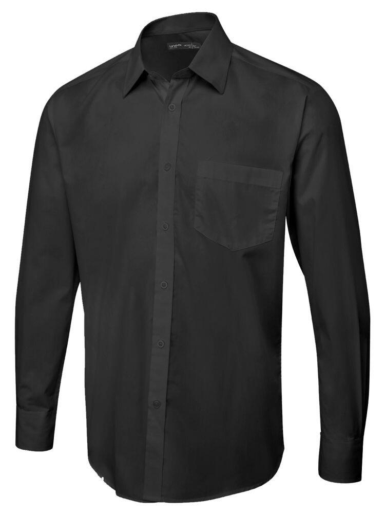 A Uneek Men's Long Sleeve Poplin Shirt in Black on a white background