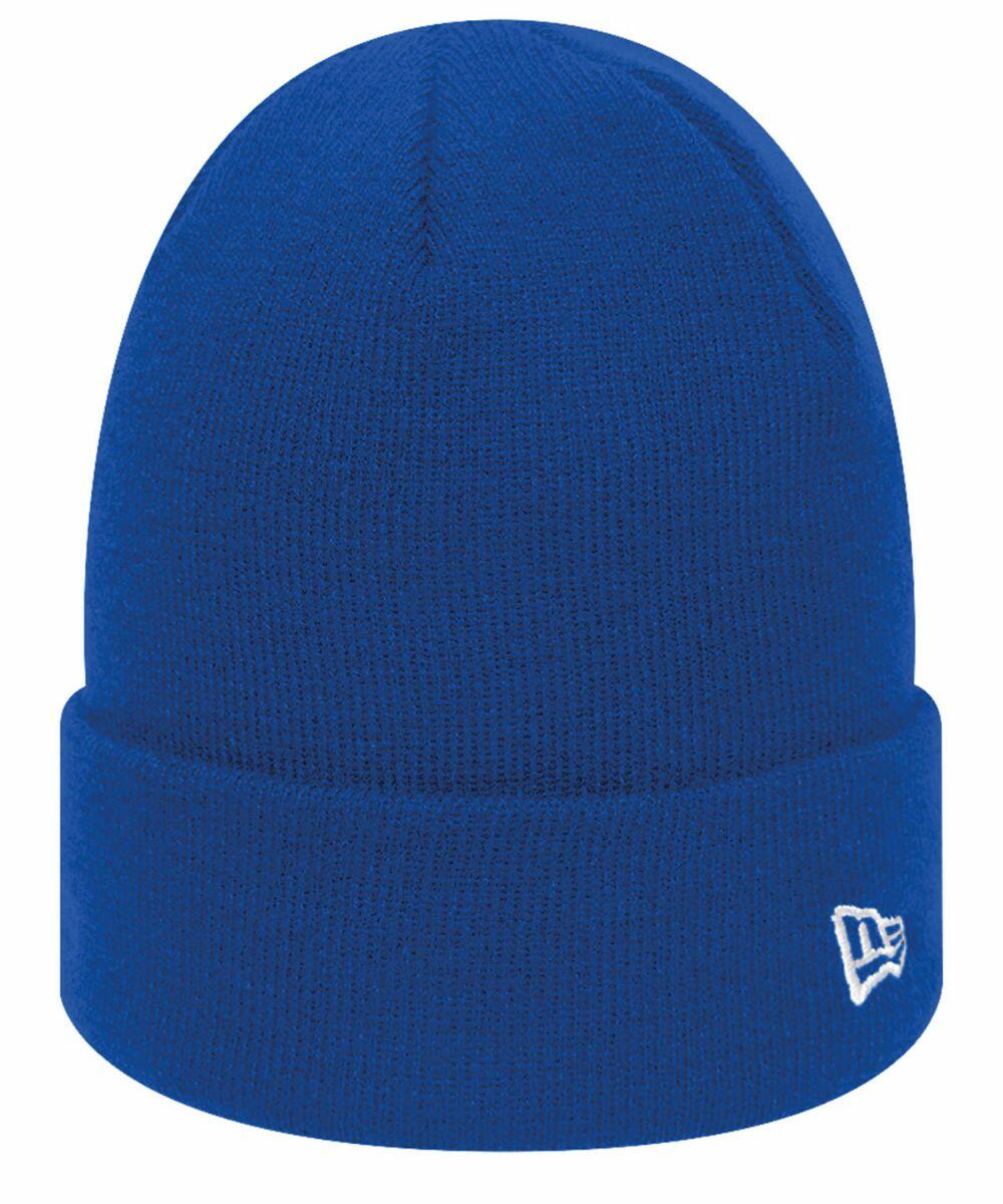A blue knit beanie with a folded cuff and a small white New Era logo on the side, called the NE002.