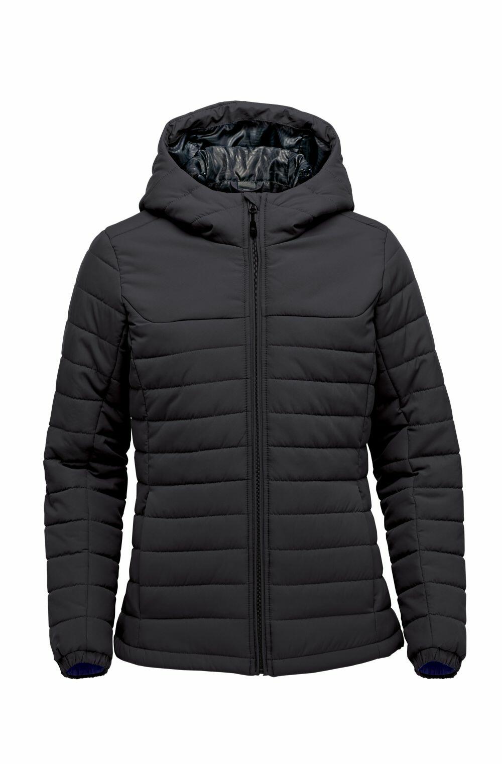 Stormtech's ST213 jacket is a black hooded puffer with a front zipper, featuring horizontal quilting and elastic cuffs.