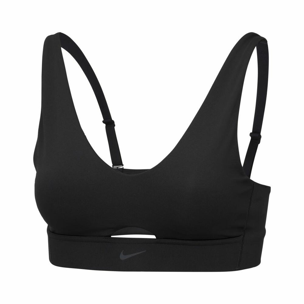 A black Nike sports bra, model NK381, featuring thin straps and a small front cutout.