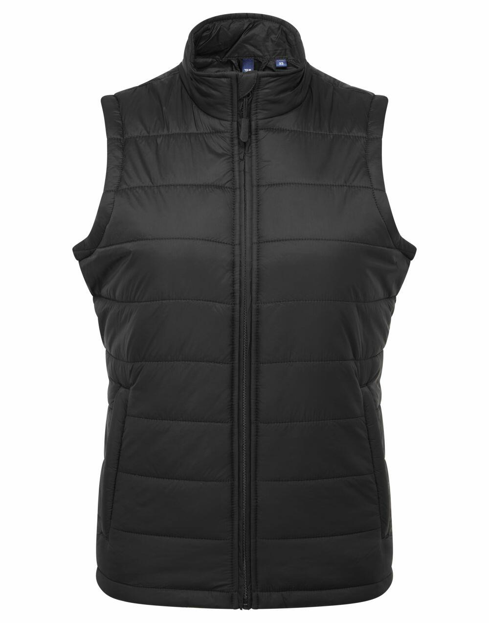 Premier's PR815 black puffer vest, featuring a zip front and high collar, displayed against a plain white background.
