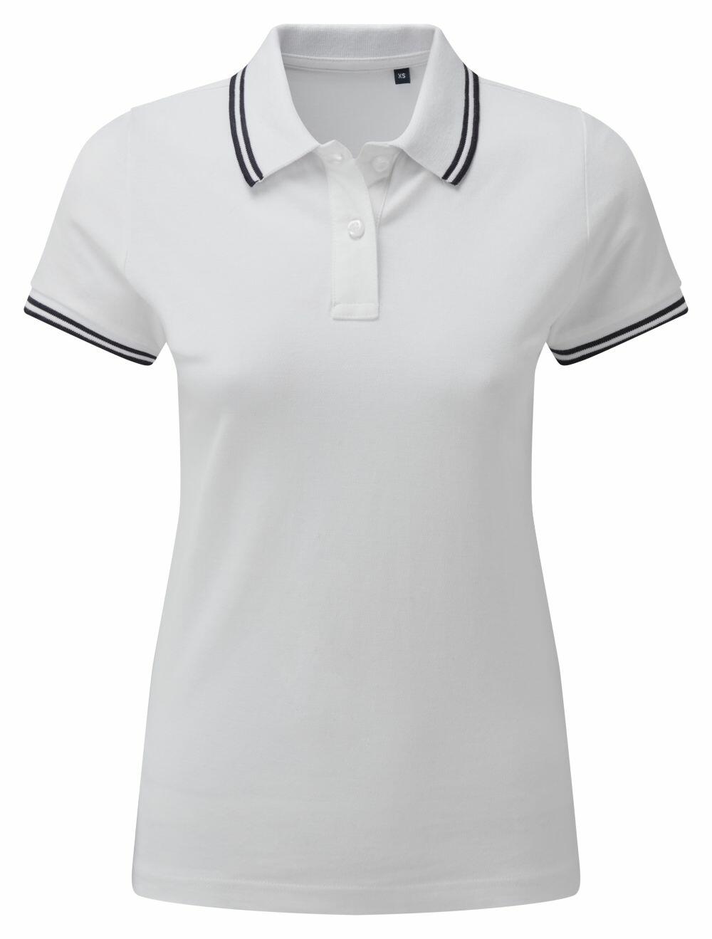 The AQ021 by Asquith & Fox is a white polo shirt with short sleeves, accented by black trim on the collar and sleeve edges. It features a button-up neckline and boasts a simple, casual design.