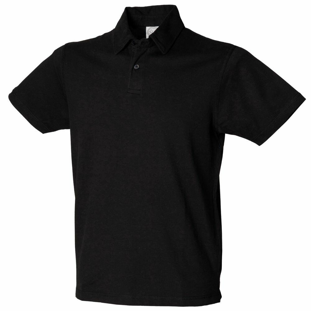 A SFM42 by Skinnifit, which is a black short-sleeved polo shirt featuring a collar and two buttons.