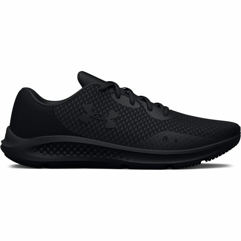 A UA035 running shoe in black featuring the Under Armour logo on the side.