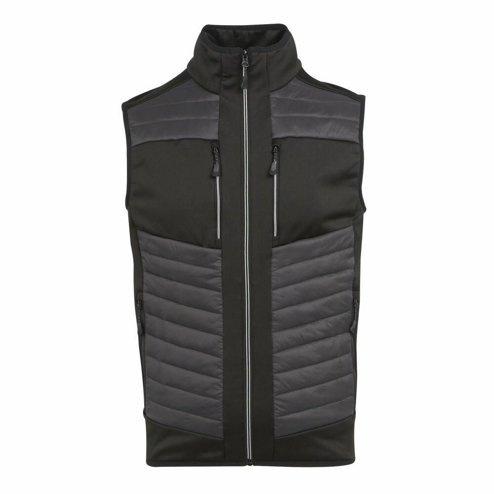 Introducing the RG542 by Regatta Professional: a stylish black and gray sleeveless vest designed with a zip-up front and high collar. This versatile vest features horizontal padded sections and includes two practical chest zipper pockets.