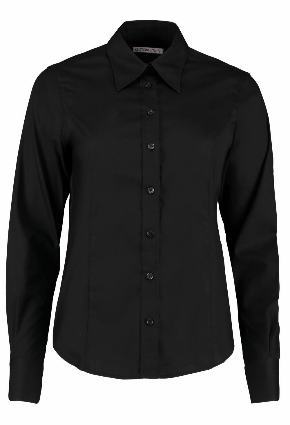 The KK702 shirt by Kustom Kit is a black long-sleeve button-up with a pointed collar, ideal for formal or business settings.