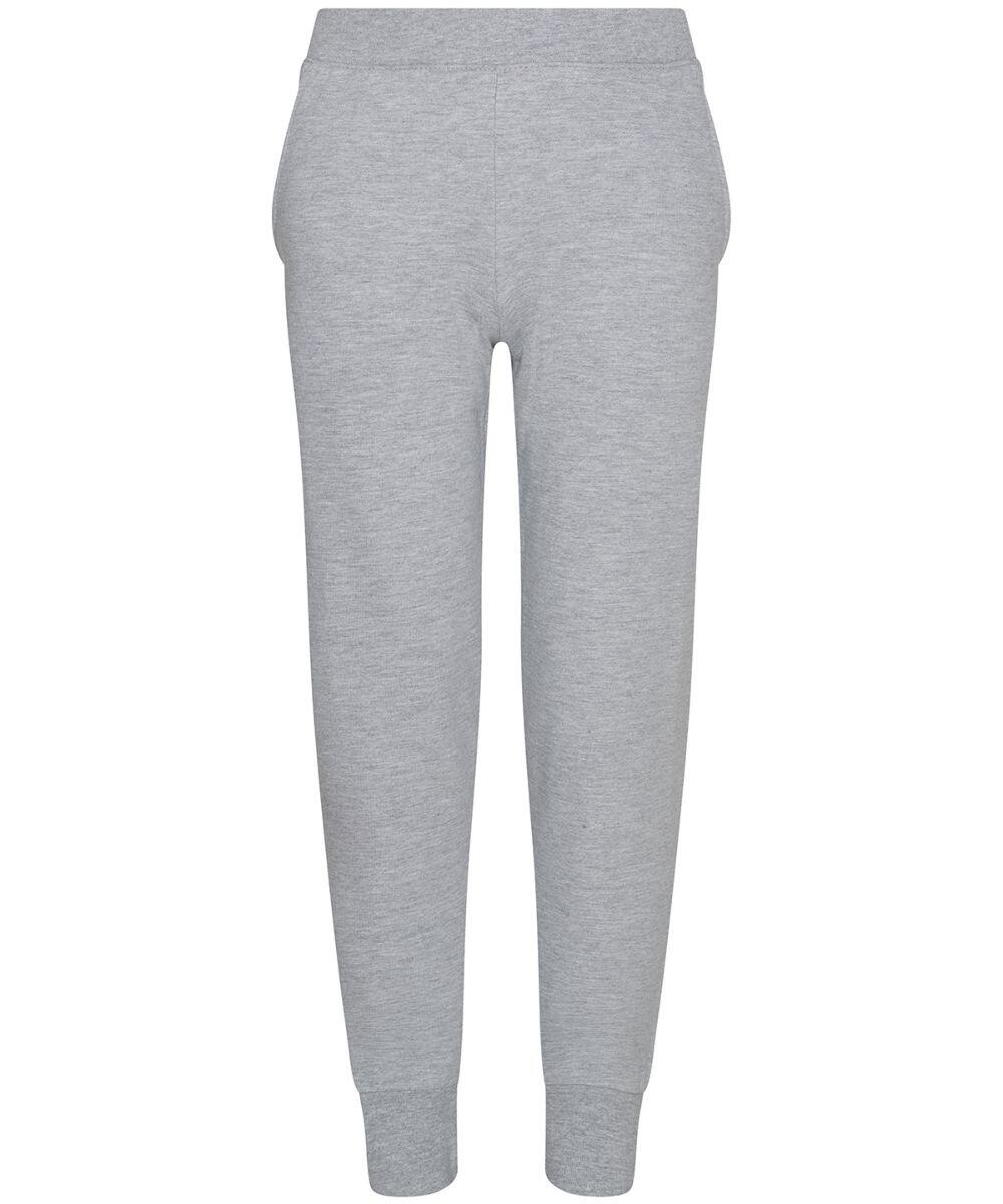 AWDis Just Hoods JH74J gray sweatpants featuring an elastic waistband, ankle cuffs, and side pockets.