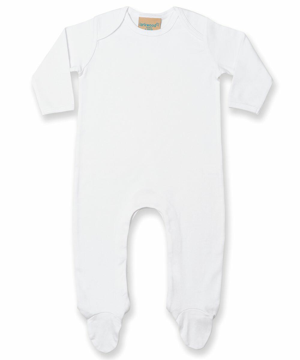 White Larkwood LW53T long-sleeve baby onesie with footed design, laid flat on a plain background.