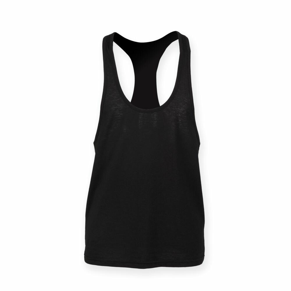 A Skinnifit SF236 black racerback sleeveless tank top showcased on a white background.