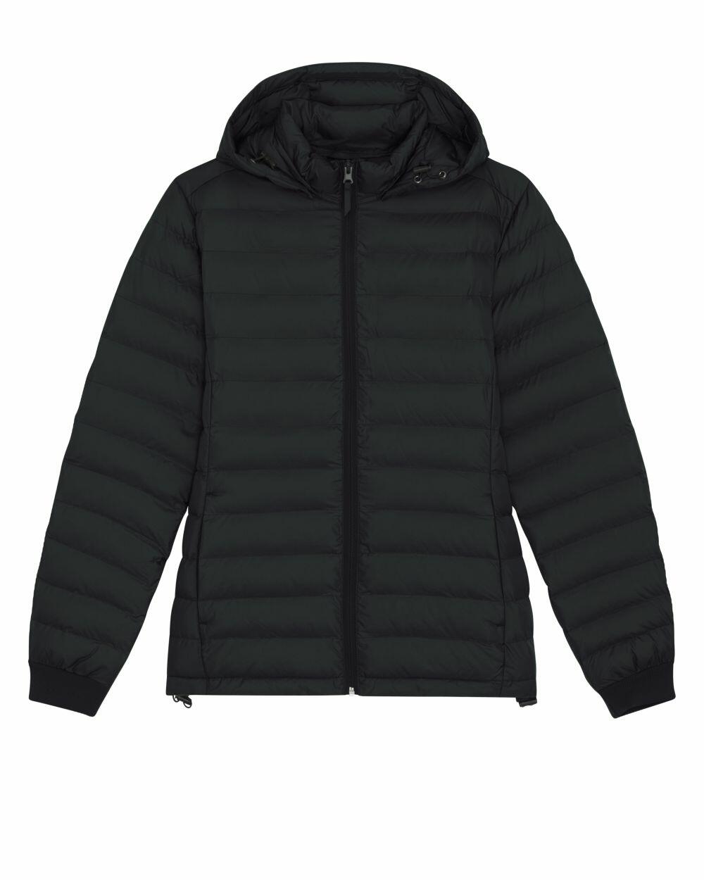 The SX185 by Stanley/Stella is a black hooded puffer jacket featuring a front zipper and two side pockets, showcased against a white background.
