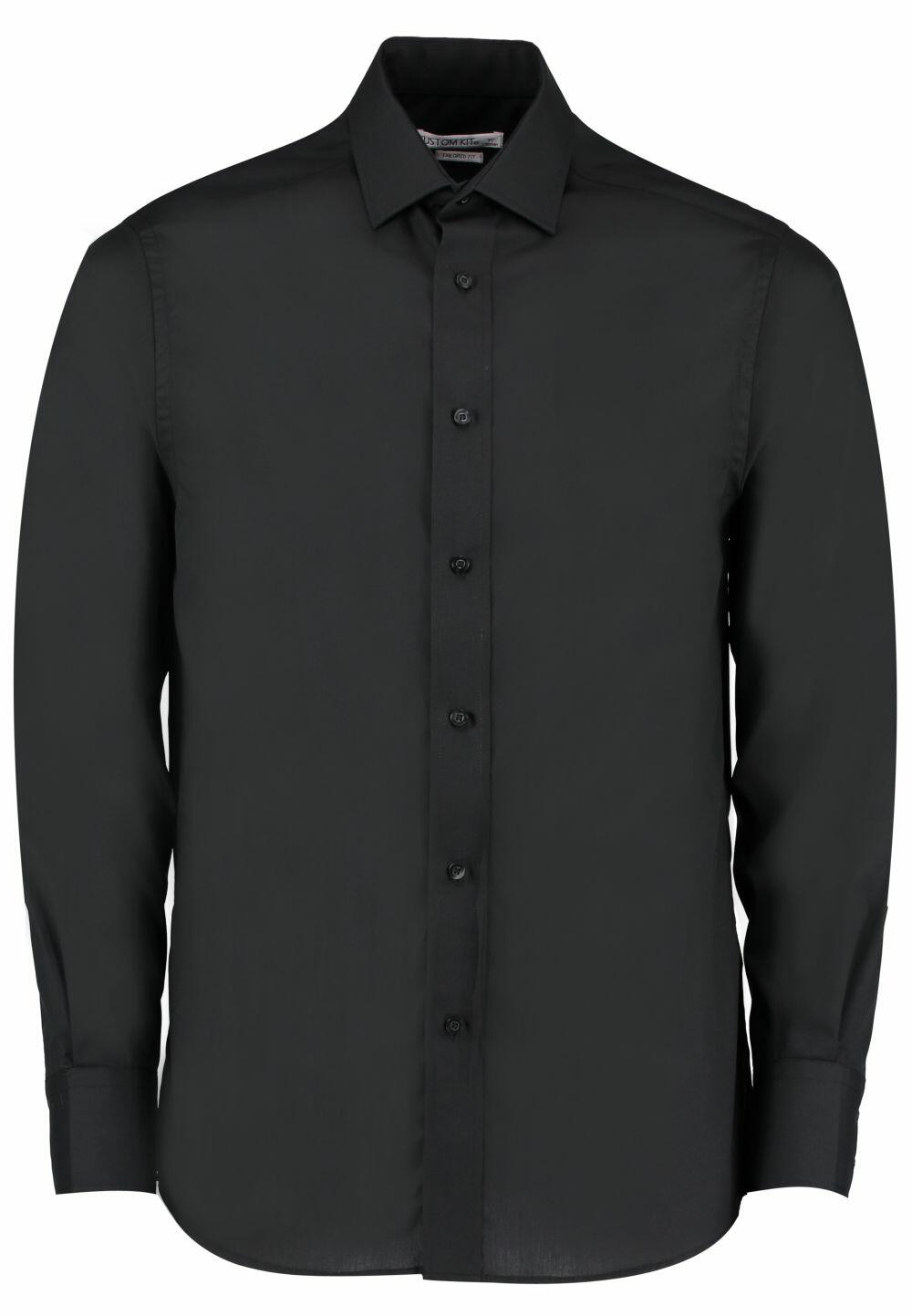 Kustom Kit's KK131, a black long-sleeve button-up shirt featuring a collar and cuffs, is displayed on a plain background.