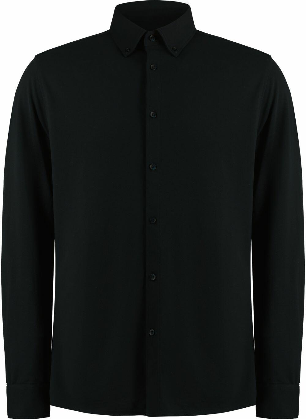 A black long-sleeve button-up shirt with a pointed collar, known as the KK143 from Kustom Kit.
