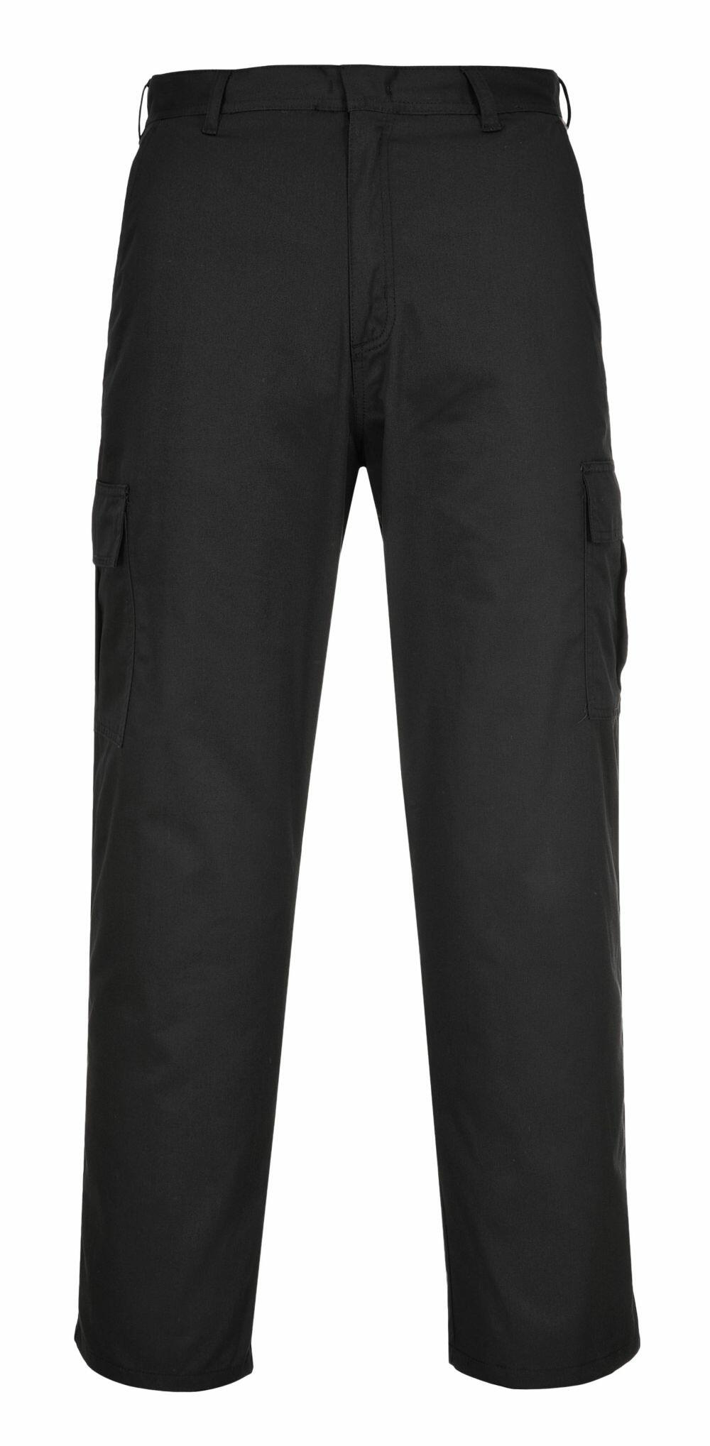 Front view of the Portwest PW334 black cargo pants featuring multiple pockets, set against a white background.