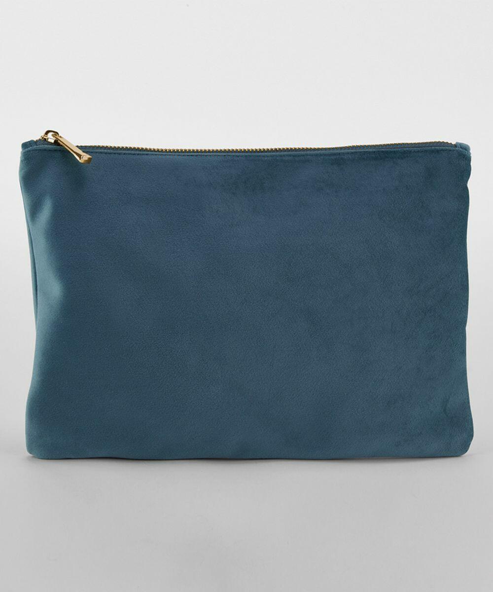 A Bagbase BG715 teal suede zippered pouch with a gold zipper shown against a plain white background. The Bagbase BG715 pouch has a simple, rectangular design without any visible logos or embellishments.