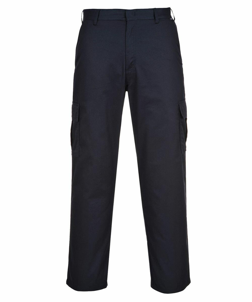 A pair of navy blue Portwest PW334 cargo pants with multiple pockets, belt loops, and a straight leg design.