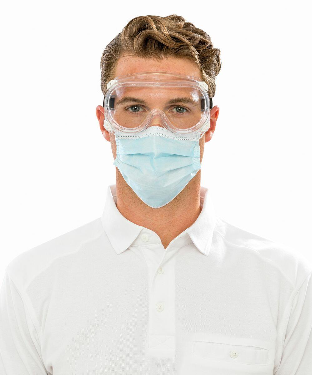 A person wearing clear protective goggles and a blue face mask, dressed in a white collared shirt, against a plain white background, is using the Result RV05X.