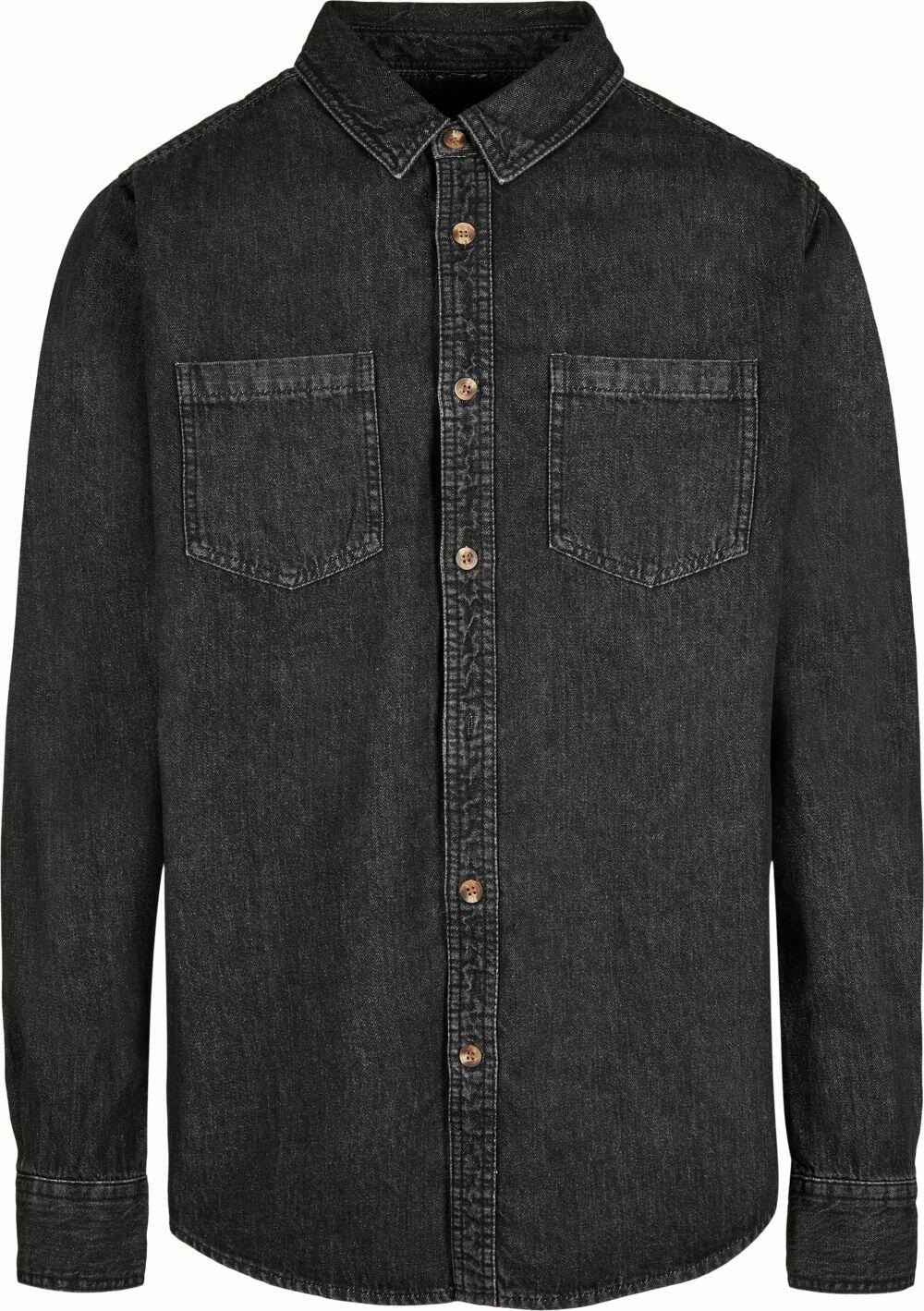 Build Your Brand BY152 black denim shirt featuring two chest pockets and brown buttons.
