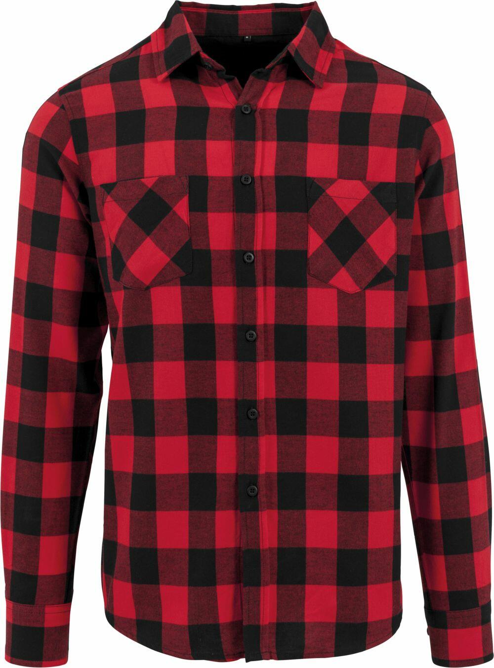 A long-sleeve button-up plaid shirt in red and black from the Build Your Brand collection, product code BY031.