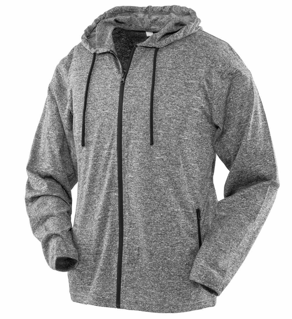 Front-facing view of the Spiro S277F gray zip-up hoodie featuring a hood and drawstrings.