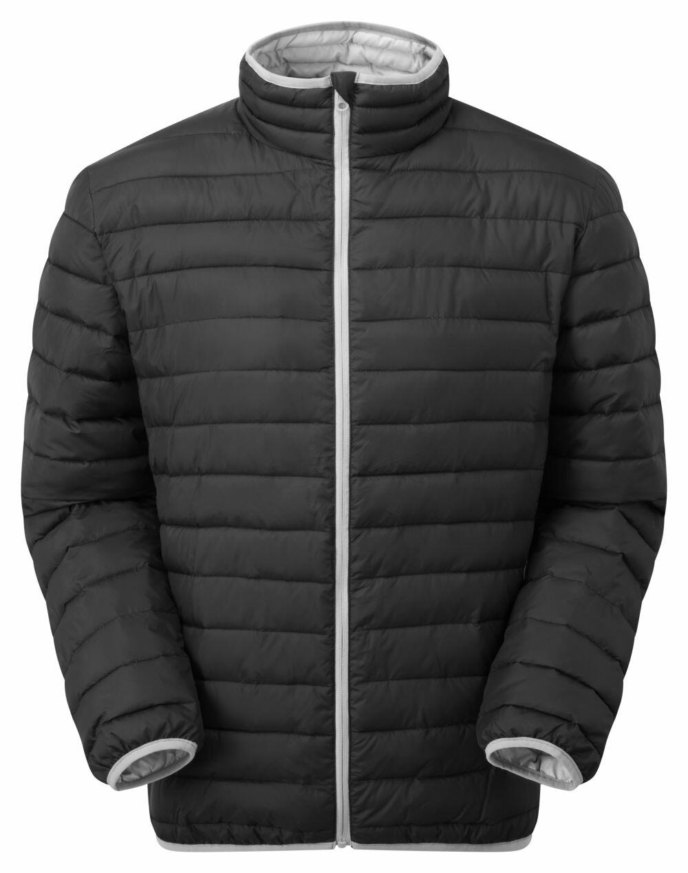 TS041 by 2786 is a black quilted puffer jacket featuring a high collar, a gray inner lining, and a zip closure.