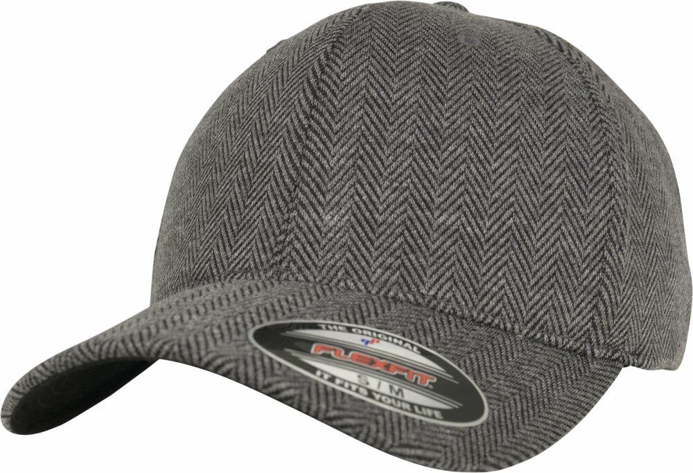 A Flexfit By Yupoong YP108 baseball cap in a gray herringbone pattern featuring a visible sticker on the brim.