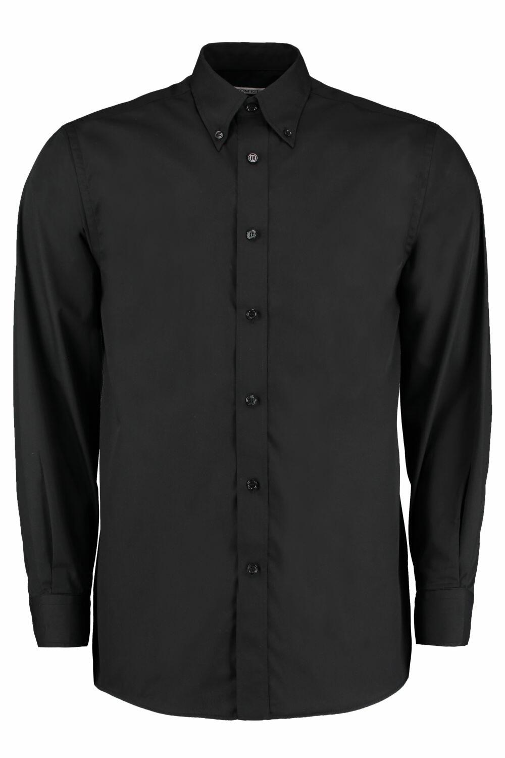 Kustom Kit's KK140, a black button-up shirt with long sleeves and a collared design, is showcased against a white background.