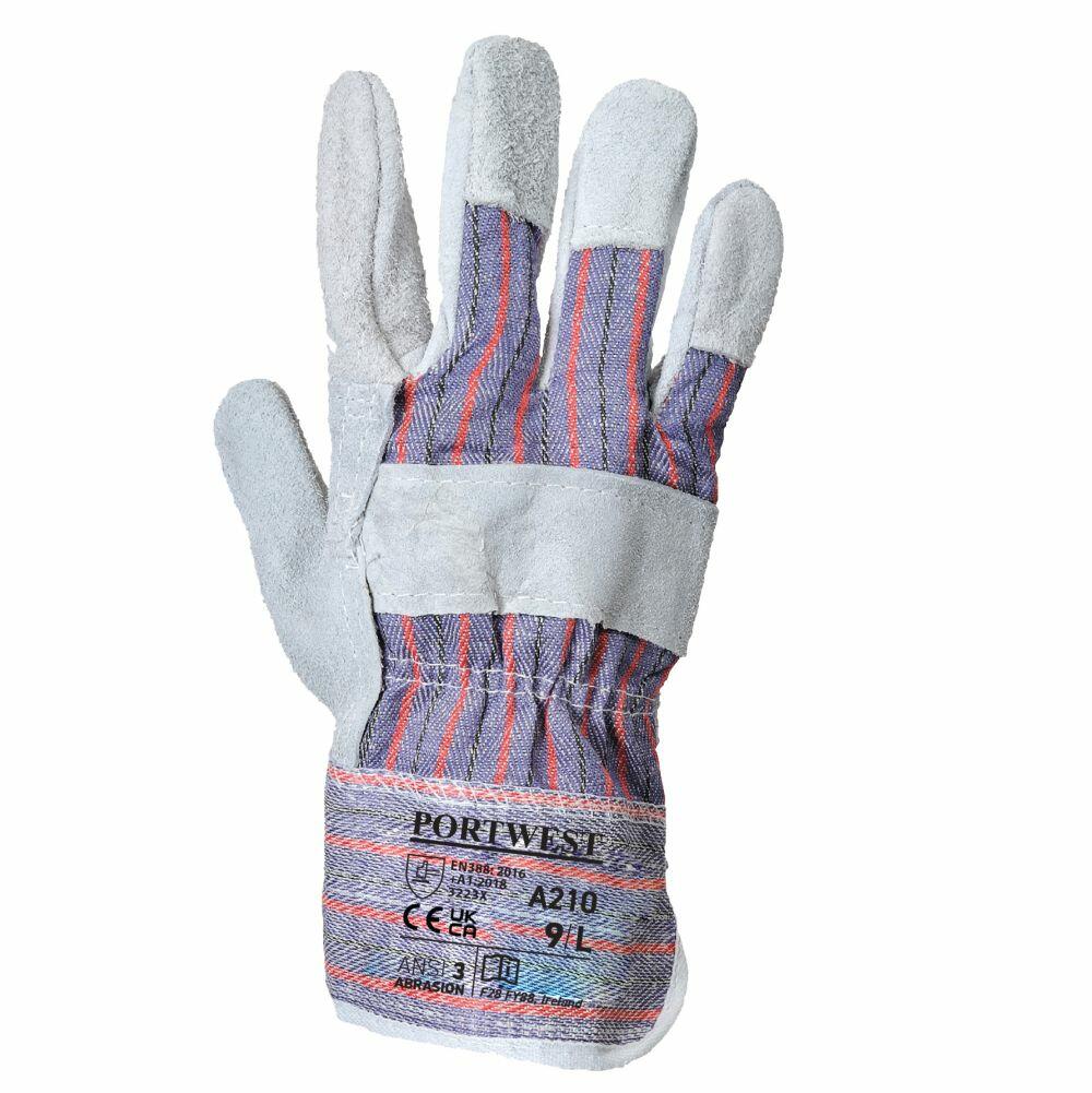 The PW082 by Portwest is a single protective work glove featuring a striped fabric design with reinforced leather on the palm, thumb, and fingertips, displayed with the palm facing up.