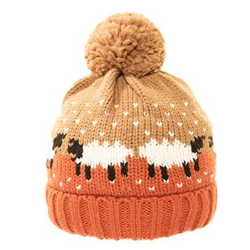 Ladies bobble hat with sheep design in burnt orange