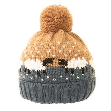 Blue ladies bobble hat printed sheep design winter hat