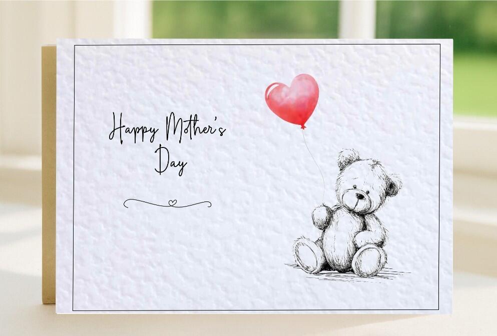 Scruffy Bear drawn with coloured red balloon design, mother's day card