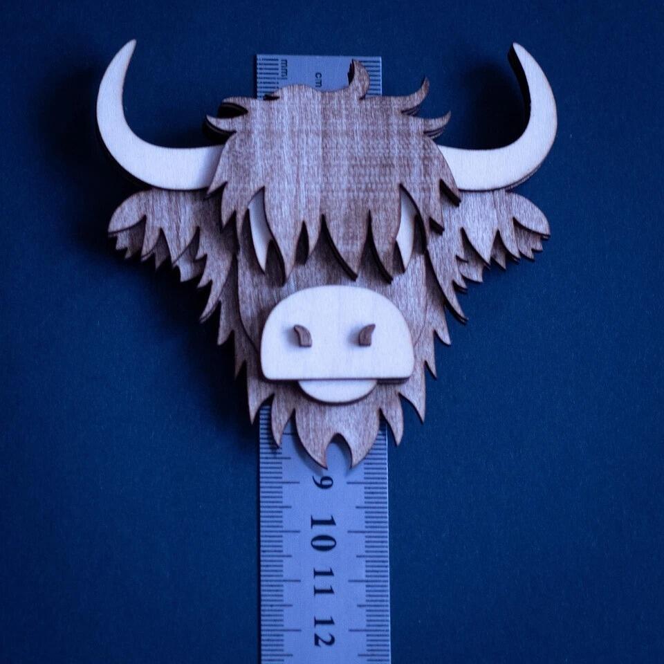 Handmade wooden Highland Cow magnet size comparison