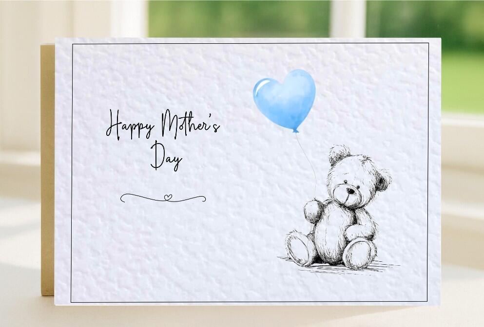 Scruffy Bear drawn with coloured Blue balloon design, mother's day card