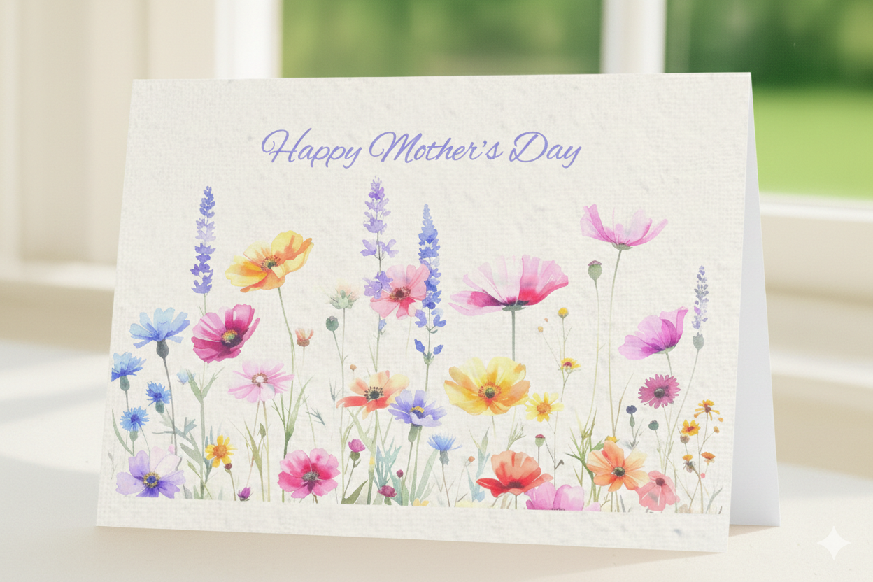 Wildflower seeded plantable Mother's Day Card, with a unique picture of brightly coloured wildflowers shown open