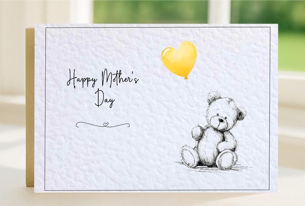 Scruffy Bear drawn with coloured Yellow balloon design, mother's day card