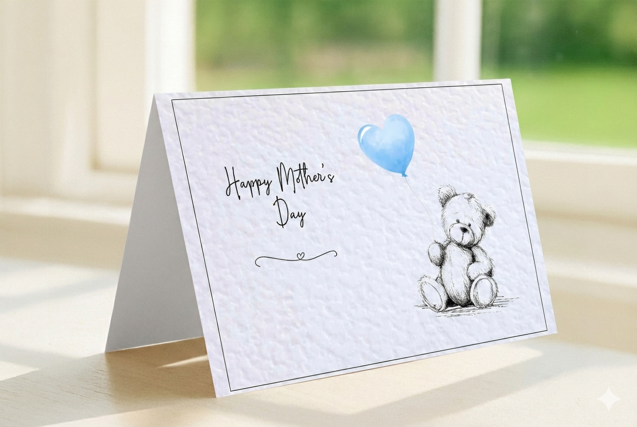 Scruffy Bear drawn with coloured balloon design, mother's day card shown open