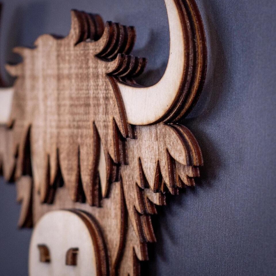 Handmade wooden Highland Cow fridge magnet side view