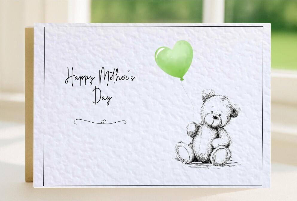 Scruffy Bear drawn with coloured Green balloon design, mother's day card