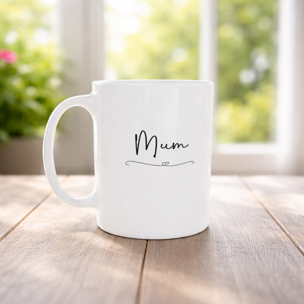 The other side of the mug showing Mum in a tasteful font with a small heart