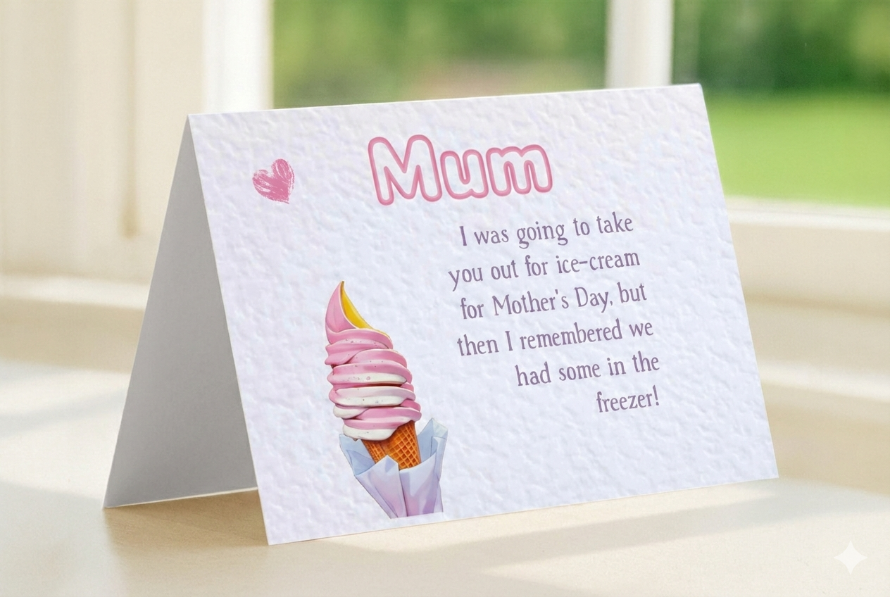 Mothers day card with a funny saying on the front "I was going to take you out for Ice-Cream, but remembered we had some in the freezer"