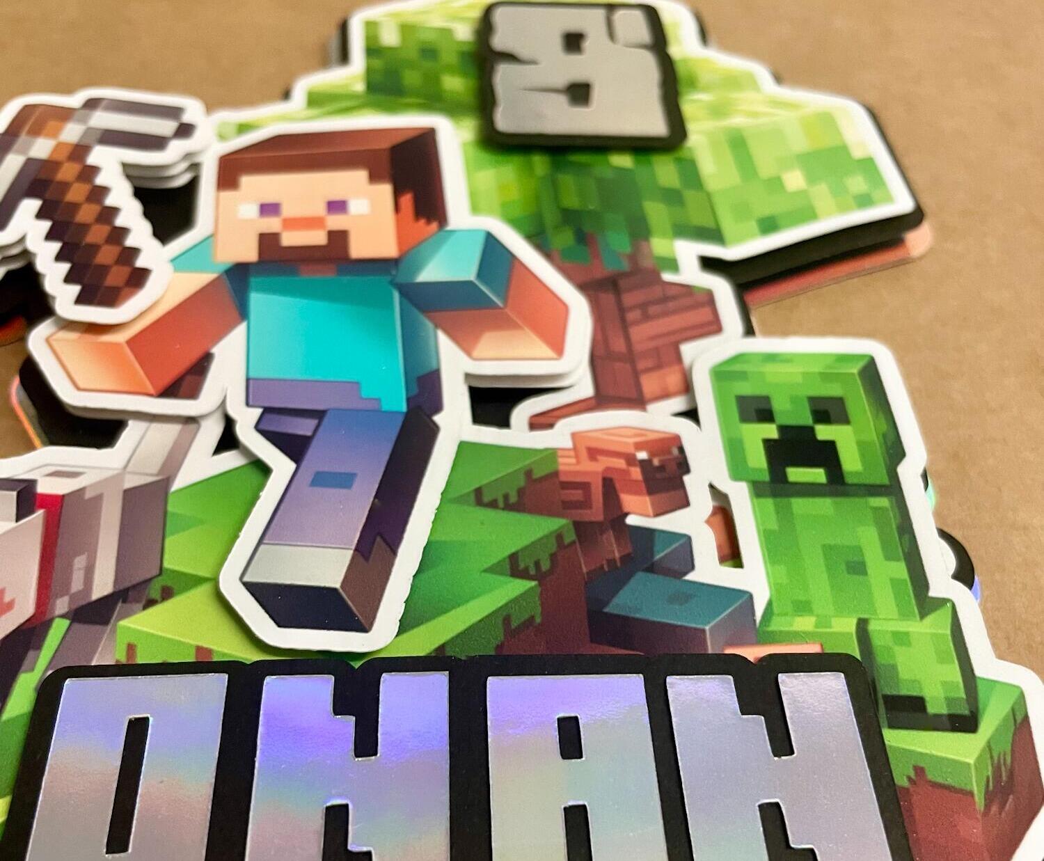 Minecraft cake topper, personalised with name and age, bright minecraft themed colours with 3d effect layers featuring Minecraft Steve and other characters.