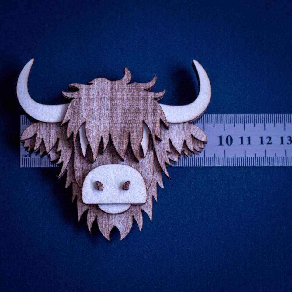 Handmade wooden Highland Cow magnet size comparison