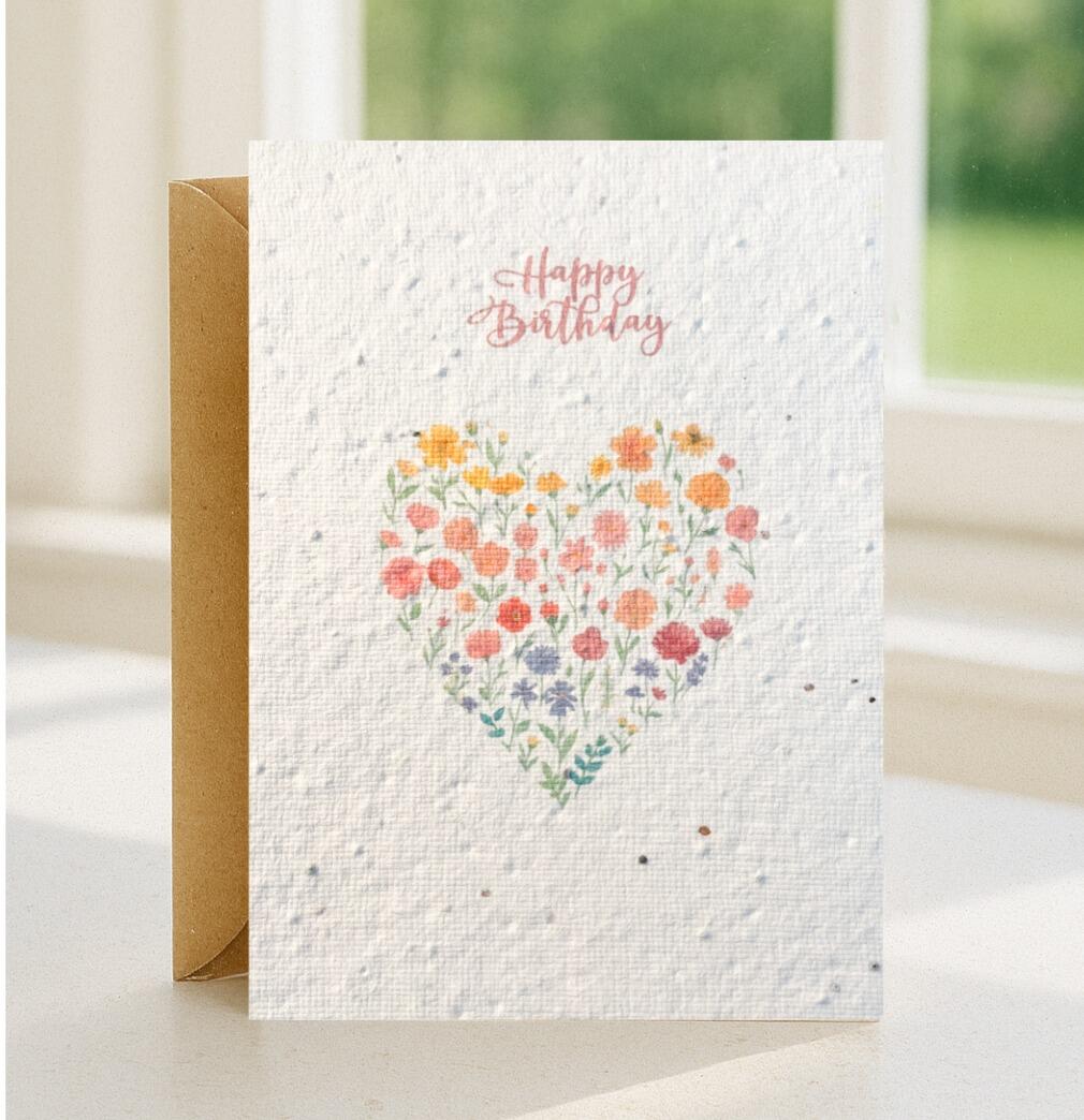 Plantable seeded card with heart shaped bunch of colourful flowers 1