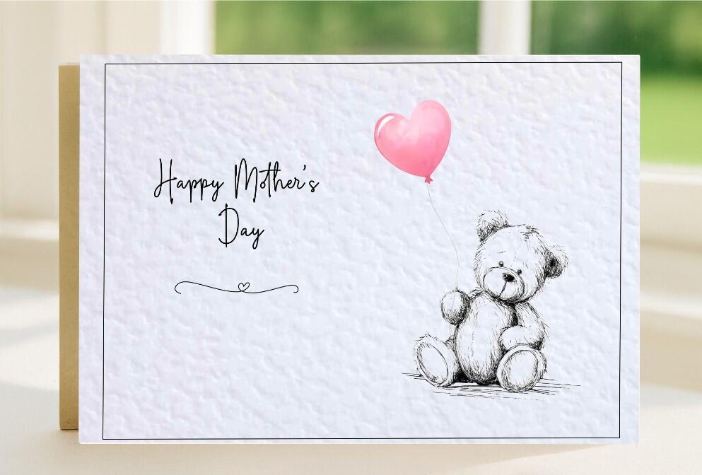 Scruffy Bear drawn with coloured Pink balloon design, mother's day card