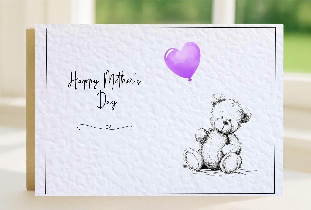 Scruffy Bear drawn with coloured red balloon design, mother's day card