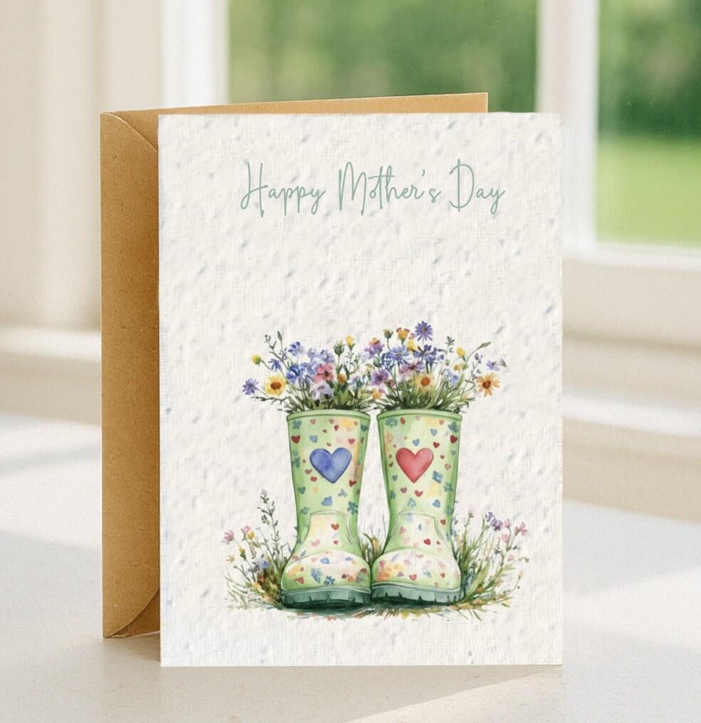 A Plantable car with two green wellies endourned with a blue and red love hearts, there are wildflowers growing out of the top